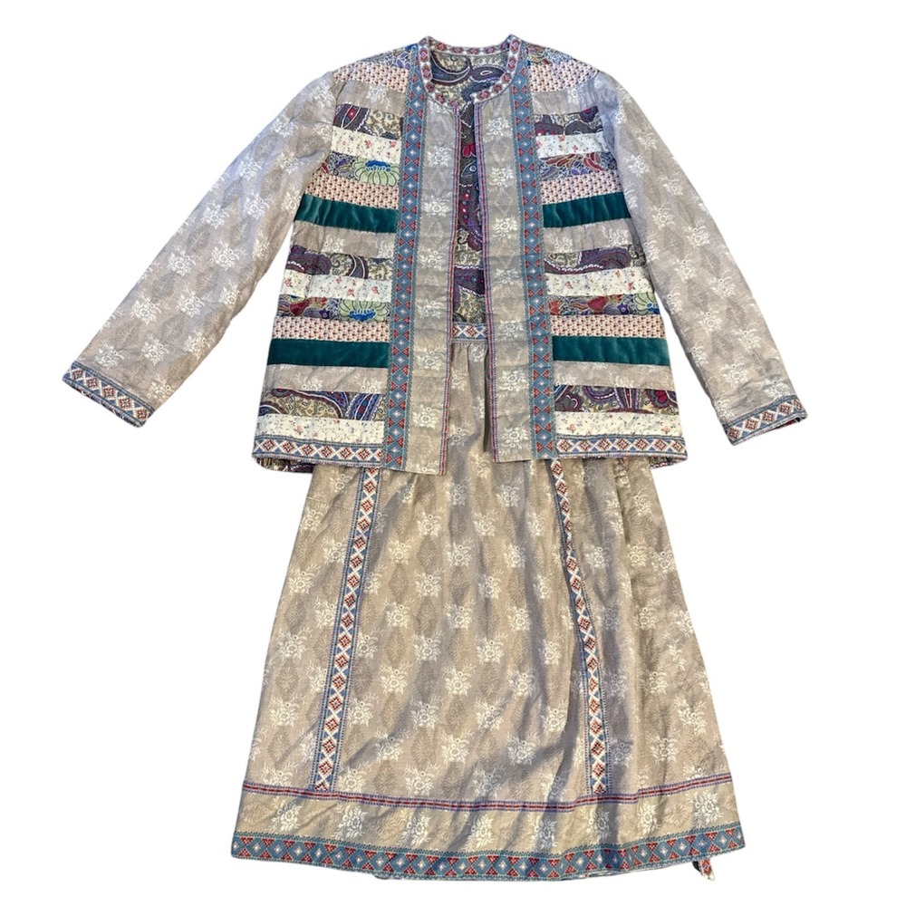 Vintage 70s Womens Handmade 2 Pc Patchwork Jacket & Wrap Skirt Autumn Colors S/M